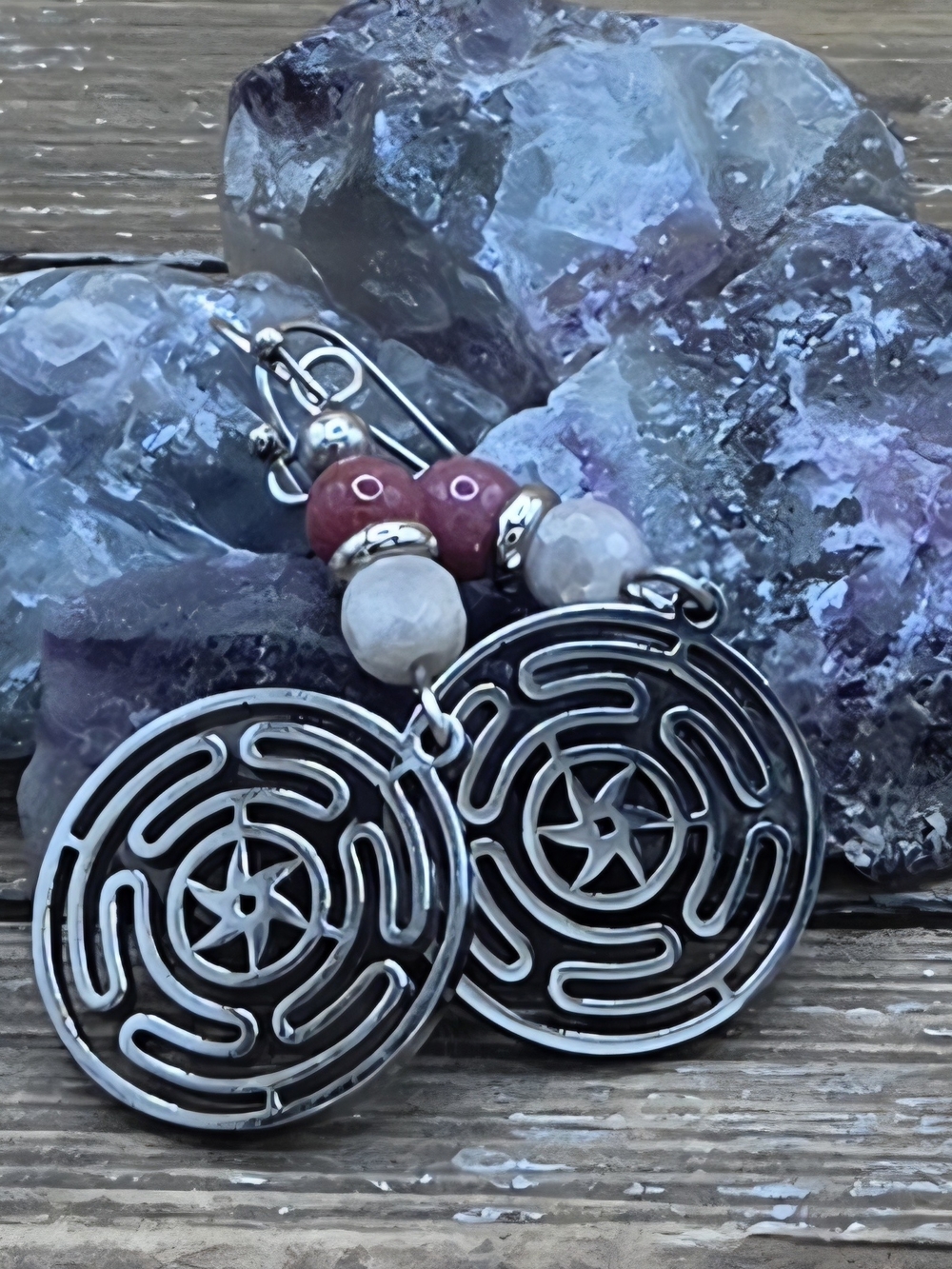 Lavender Jade, Thulite And Stainless Steel Hekate's Wheel Earrings